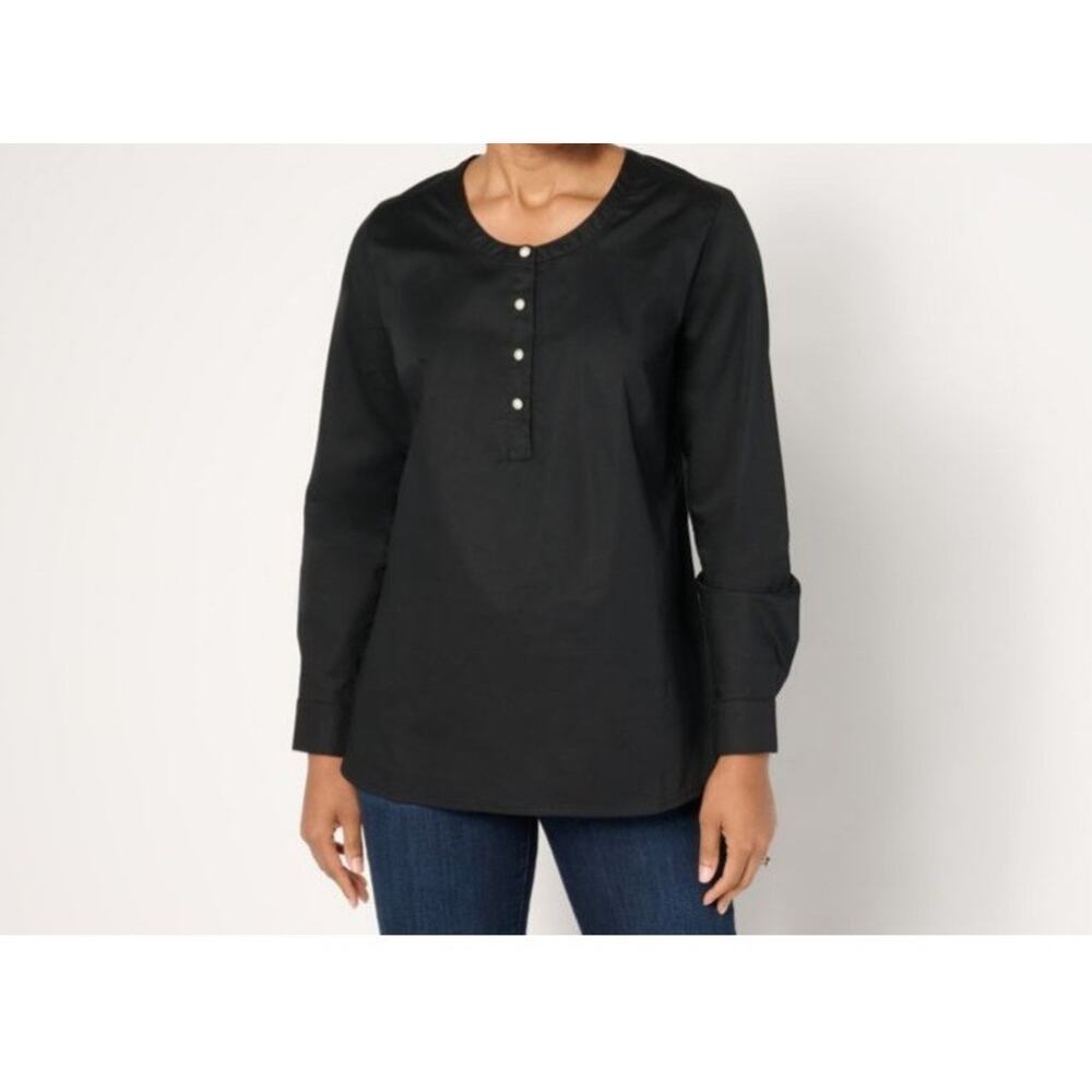 Denim & Co Black Size XL Poplin Tunic Pearl Buttons A669951 NWOT